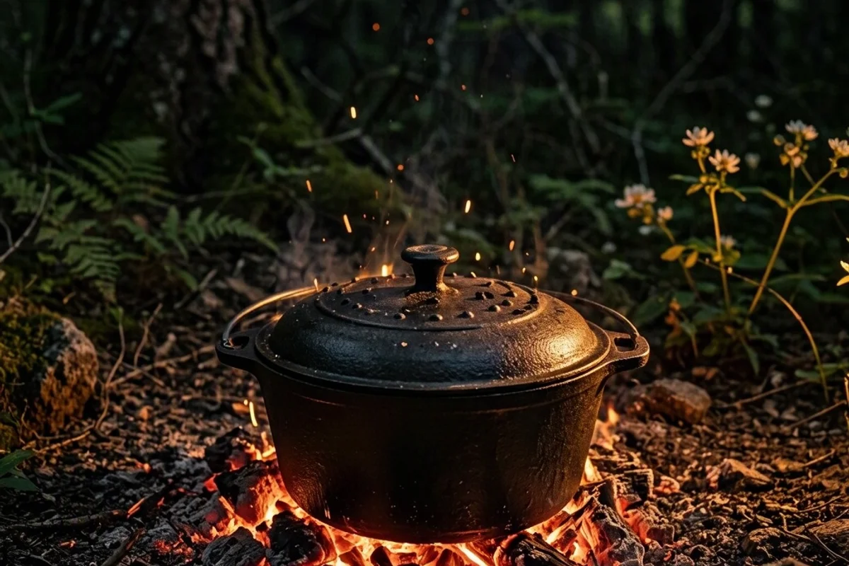 Cast iron Dutch oven on campfire coals.