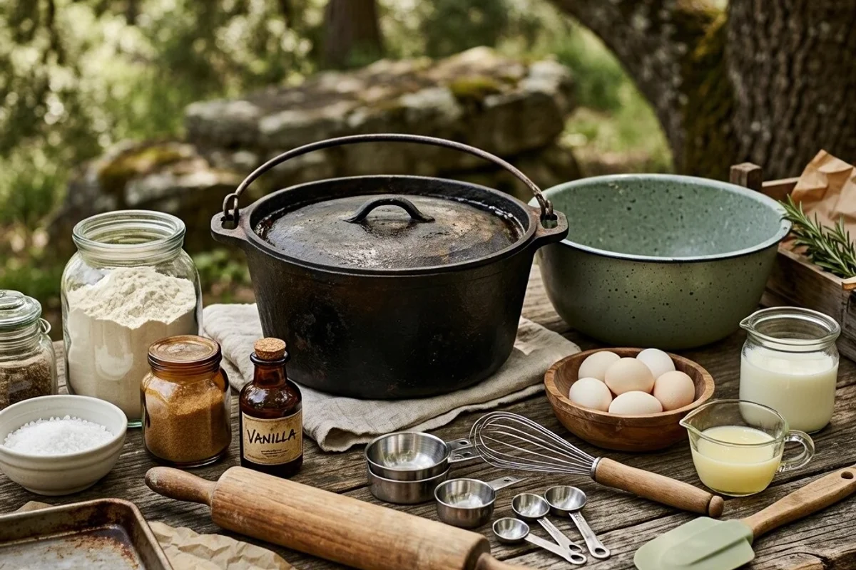 Ingredients and tools for baking outdoors.