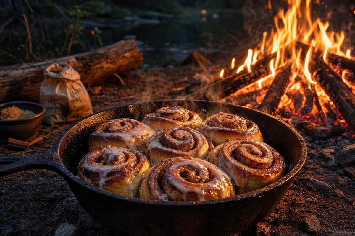 Freshly baked cinnamon rolls in a skillet by the campfire.
