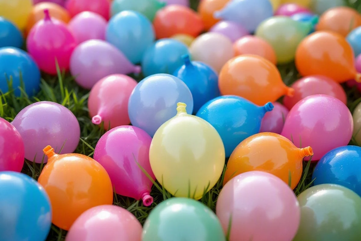 Colorful water balloons set up on a lawn for a toss game.