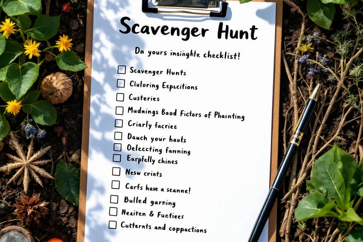 A clipboard with a scavenger hunt checklist and nature items.