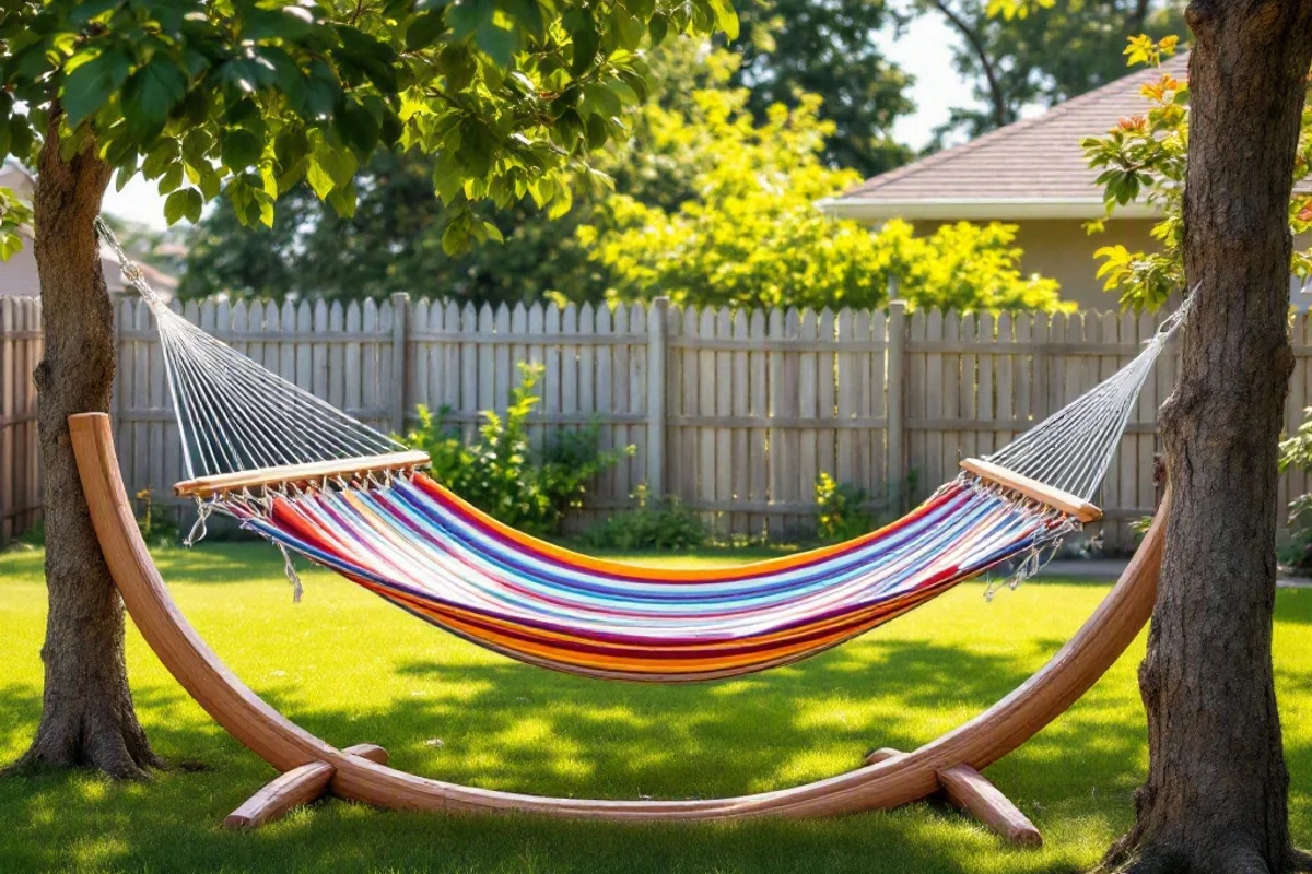 A hammock set up between two trees in a sunny backyard.