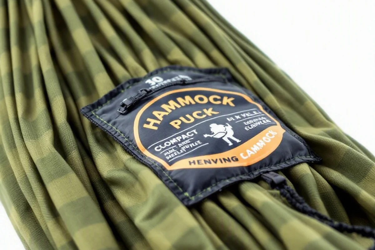 A compact hammock packed into its travel pouch.
