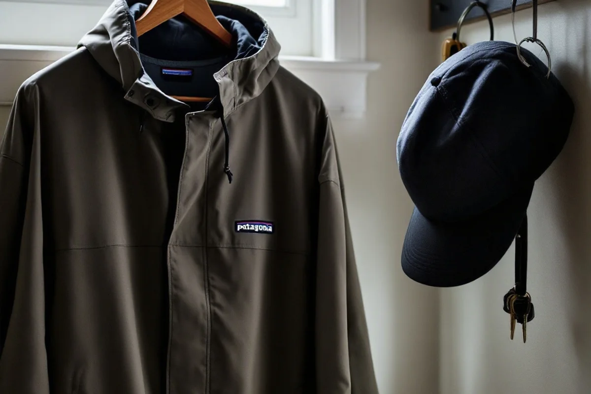 Rain shell and small essentials hanging in a Craftsman-style Seattle mudroom on a gray spring morning