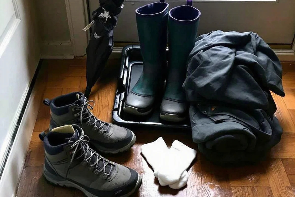 Waterproof hiking shoes, rolled rain pants, and clean socks staged beside a boot tray in a tidy entryway