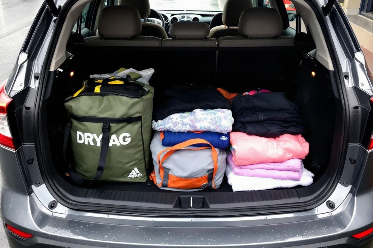 Open car trunk organized with rain jacket, dry bag, towel, and extra kid layers for a wet Seattle spring outing