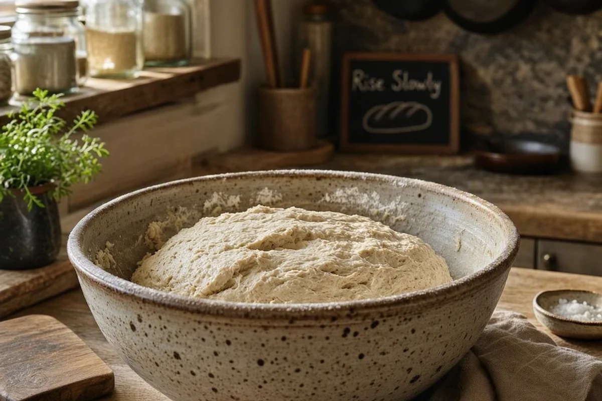 A mixing bowl with no-knead bread dough resting on a countertop.