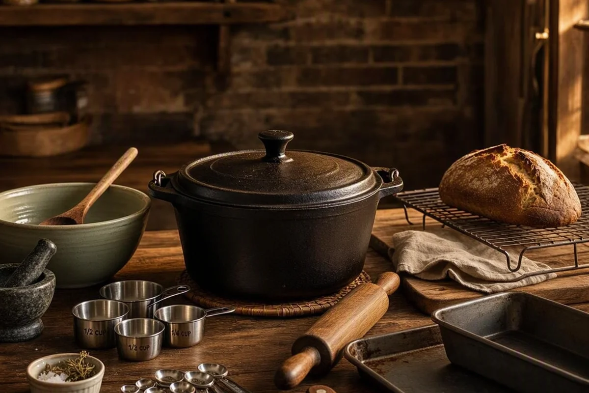 A Dutch oven and baking tools arranged neatly on a kitchen counter.