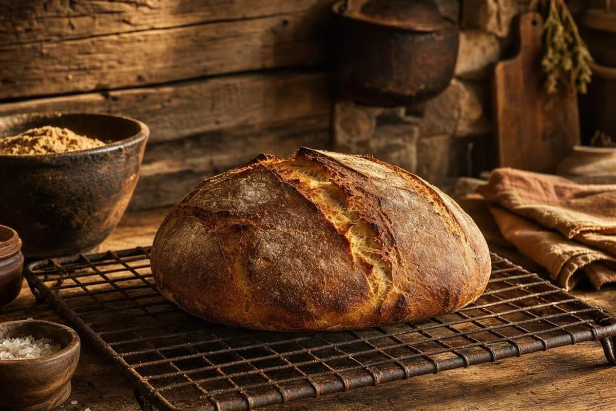 A freshly baked loaf of no-knead bread cooling on a wire rack.