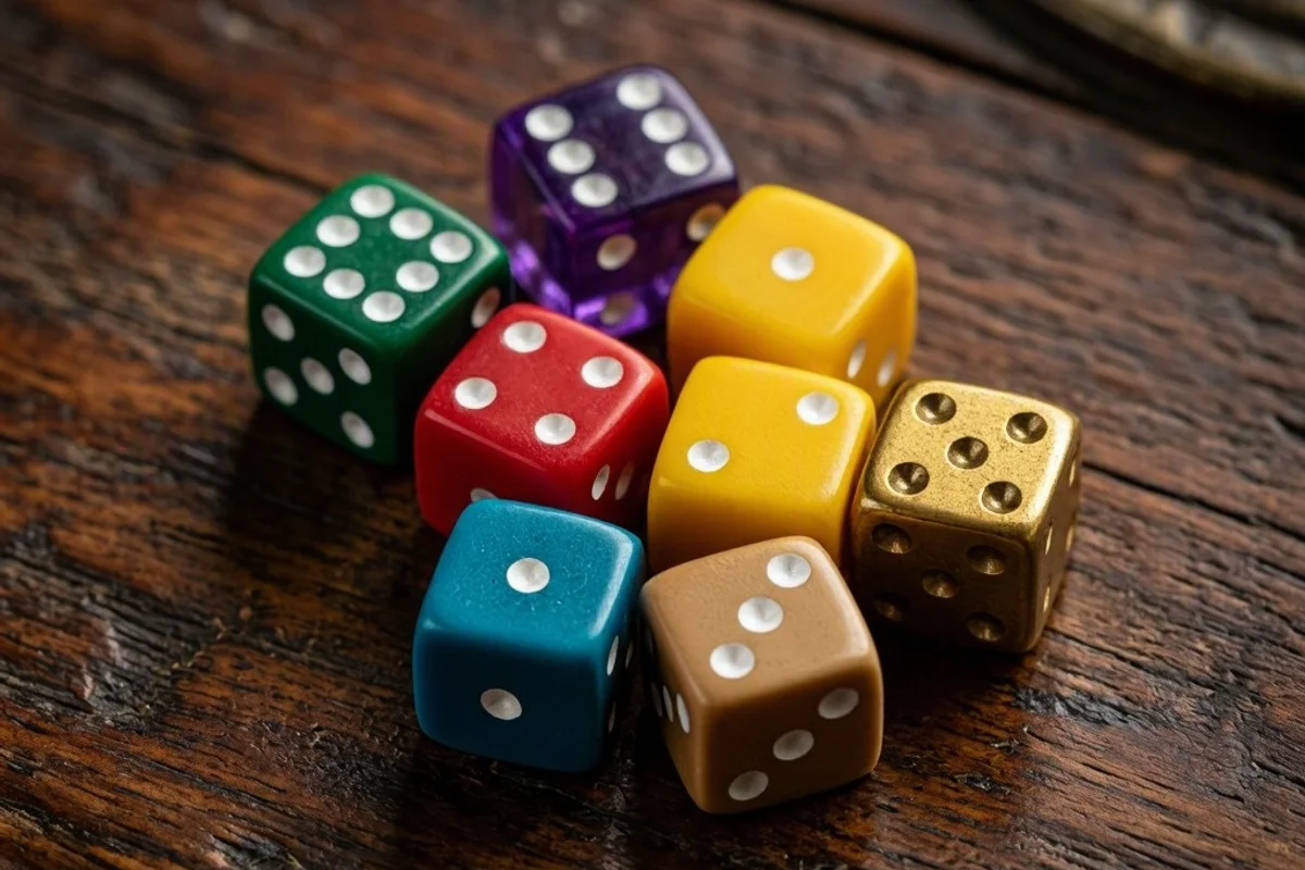 A close-up of colorful dice on a wooden table.