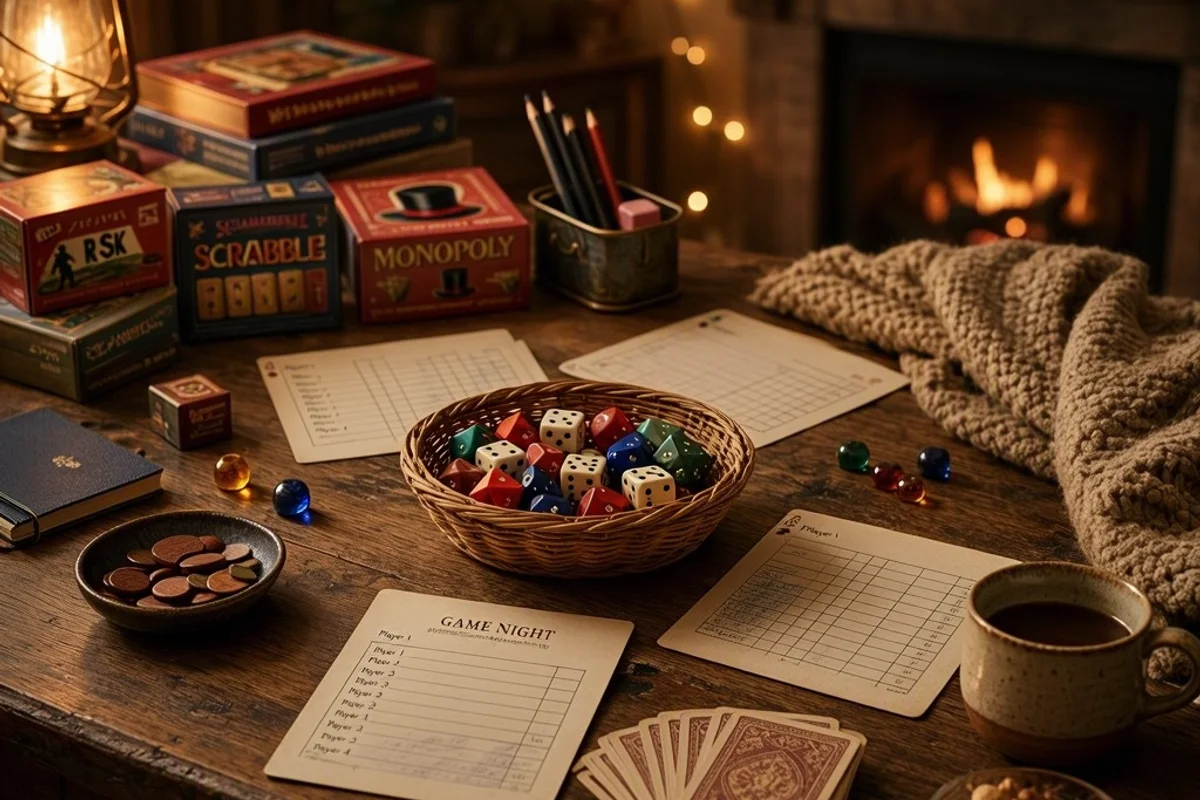 A family game night setup with dice and scorecards.