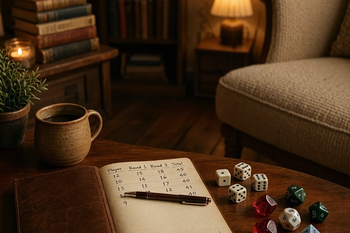 A cozy indoor scene with dice and a notebook for scoring.