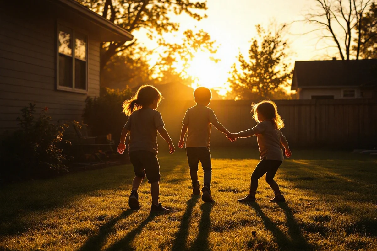 Kids playing shadow tag in a backyard during sunset.