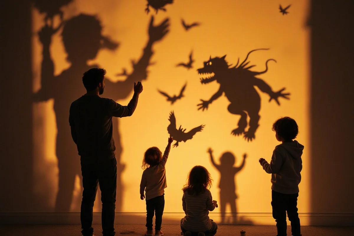 A family creating shadow puppets on a wall during the solstice evening.