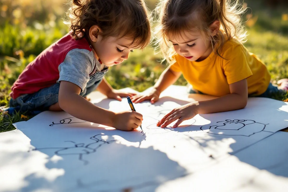 Kids tracing shadows on large paper outdoors.