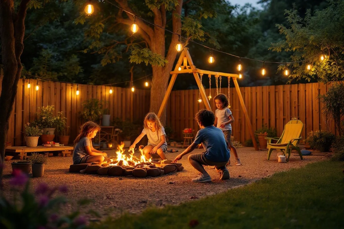 Kids playing in the backyard to tire out before bedtime.