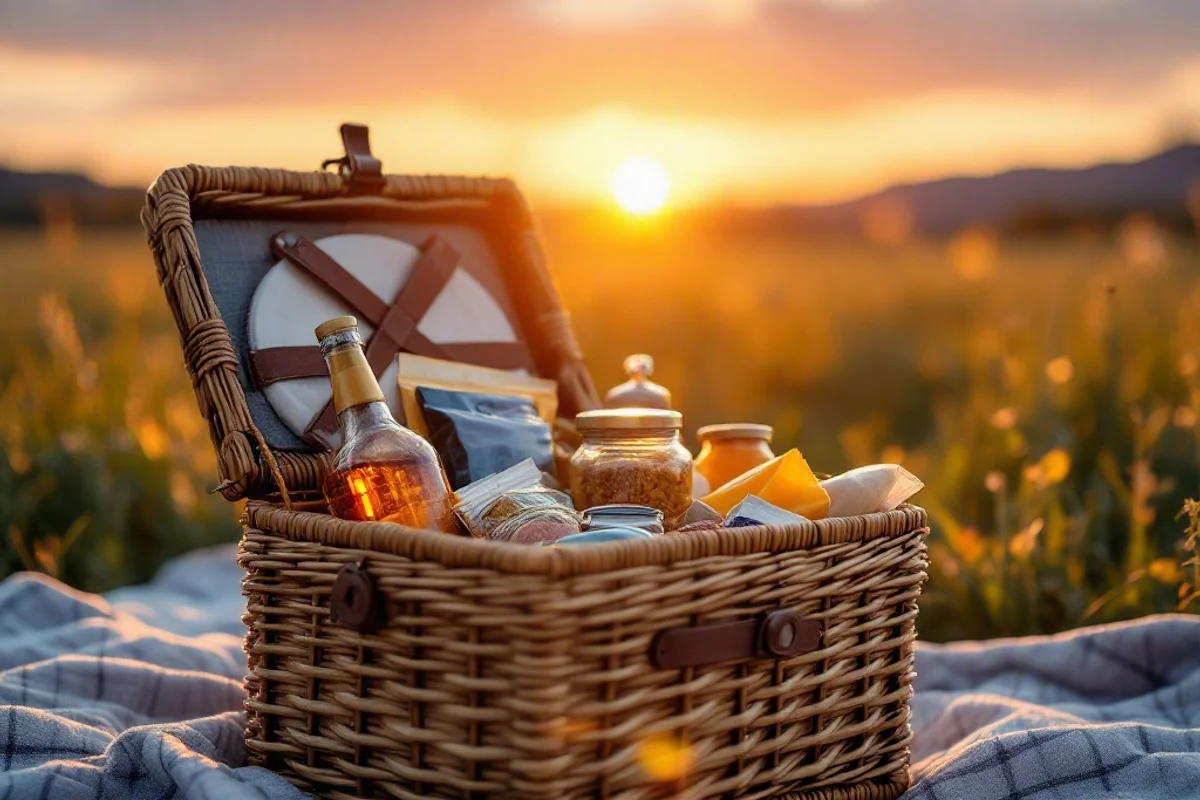 Close-up of a picnic basket filled with snacks.