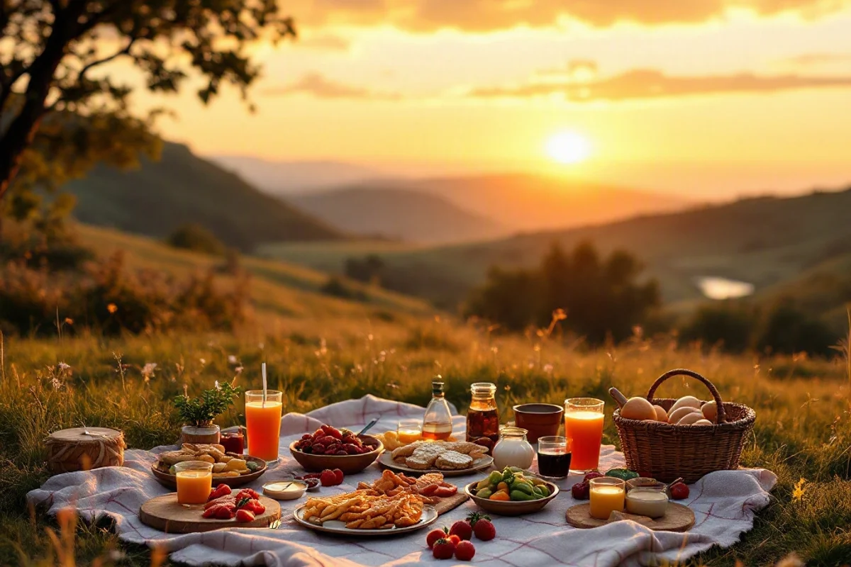 Picnic blanket spread with food and drinks.