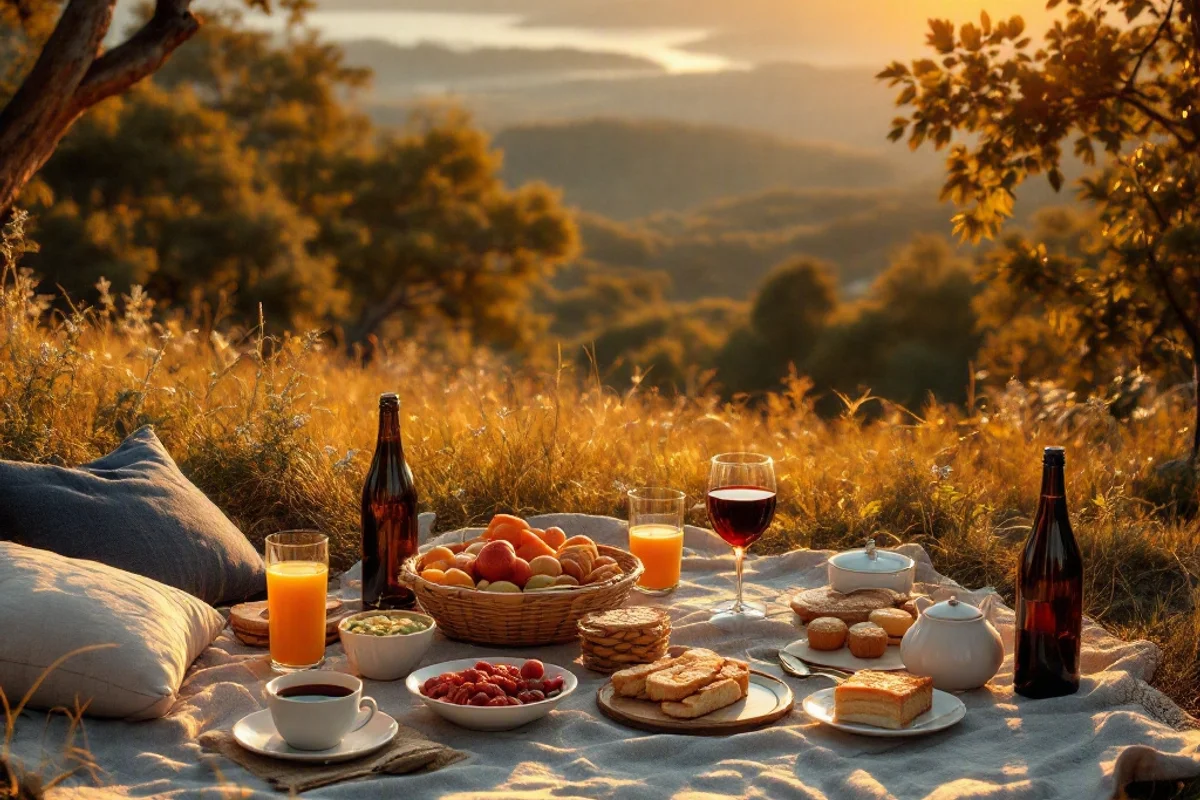 Golden-hour view of a picnic setup.