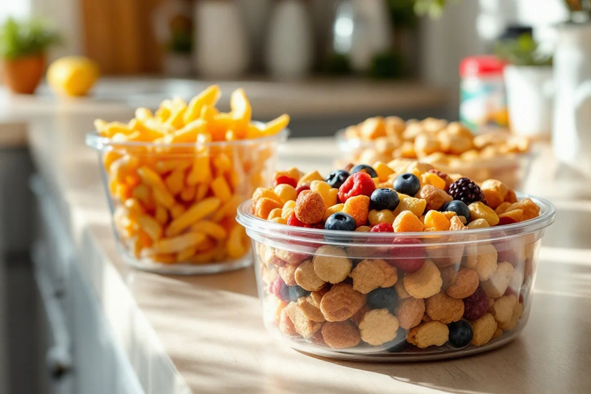 Kitchen counter with prepped snacks in clear containers