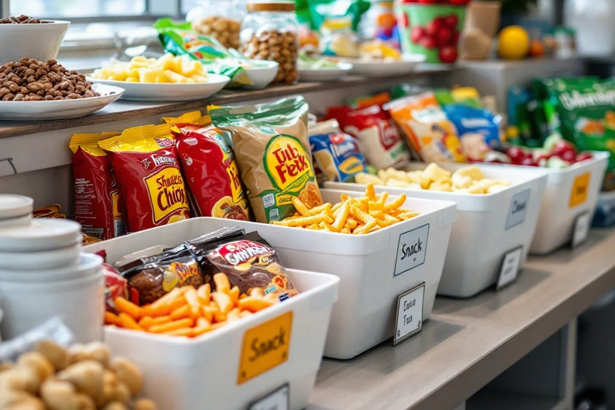 Snack station with labeled bins and organized snacks