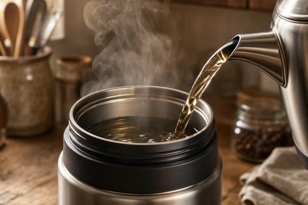 A thermos being filled with hot water.