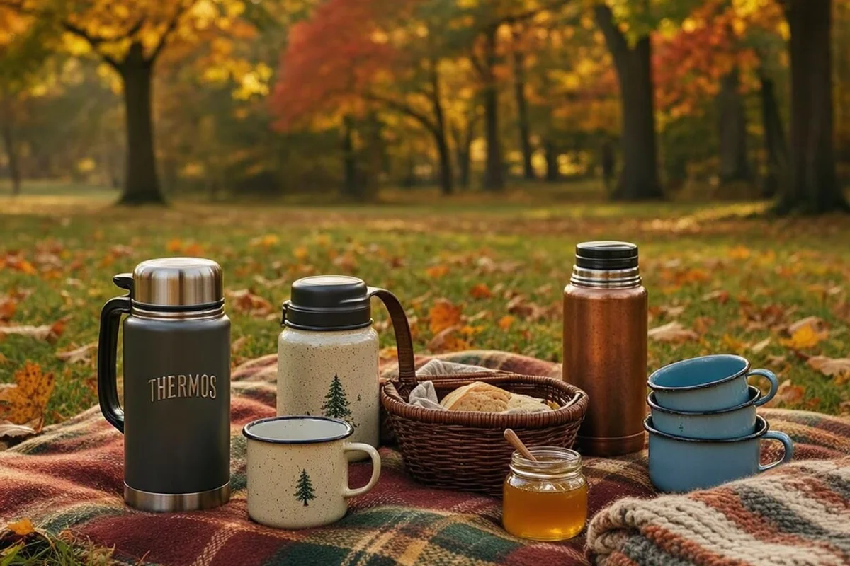 A family enjoying warm drinks in a park.