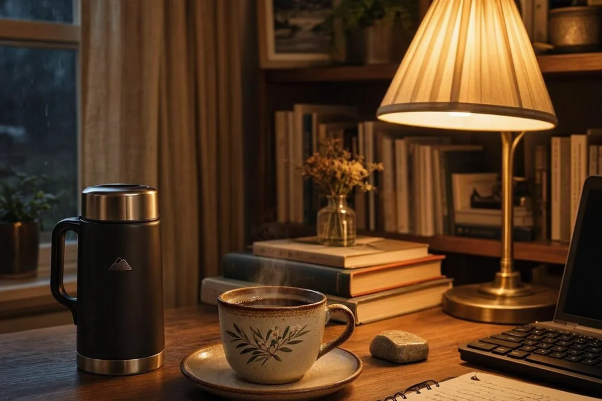 A thermos and a coffee cup on a work desk.