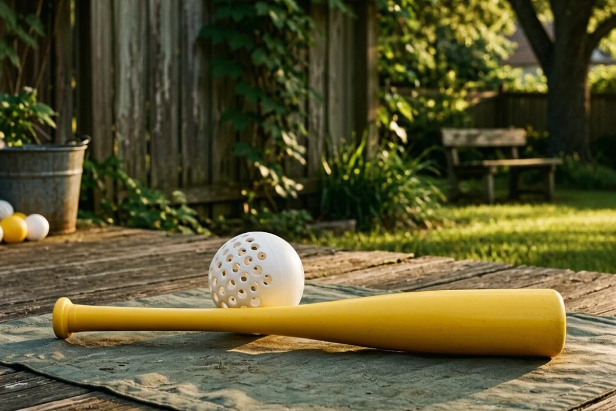A Wiffle Ball setup in a backyard with a bat and ball neatly arranged.