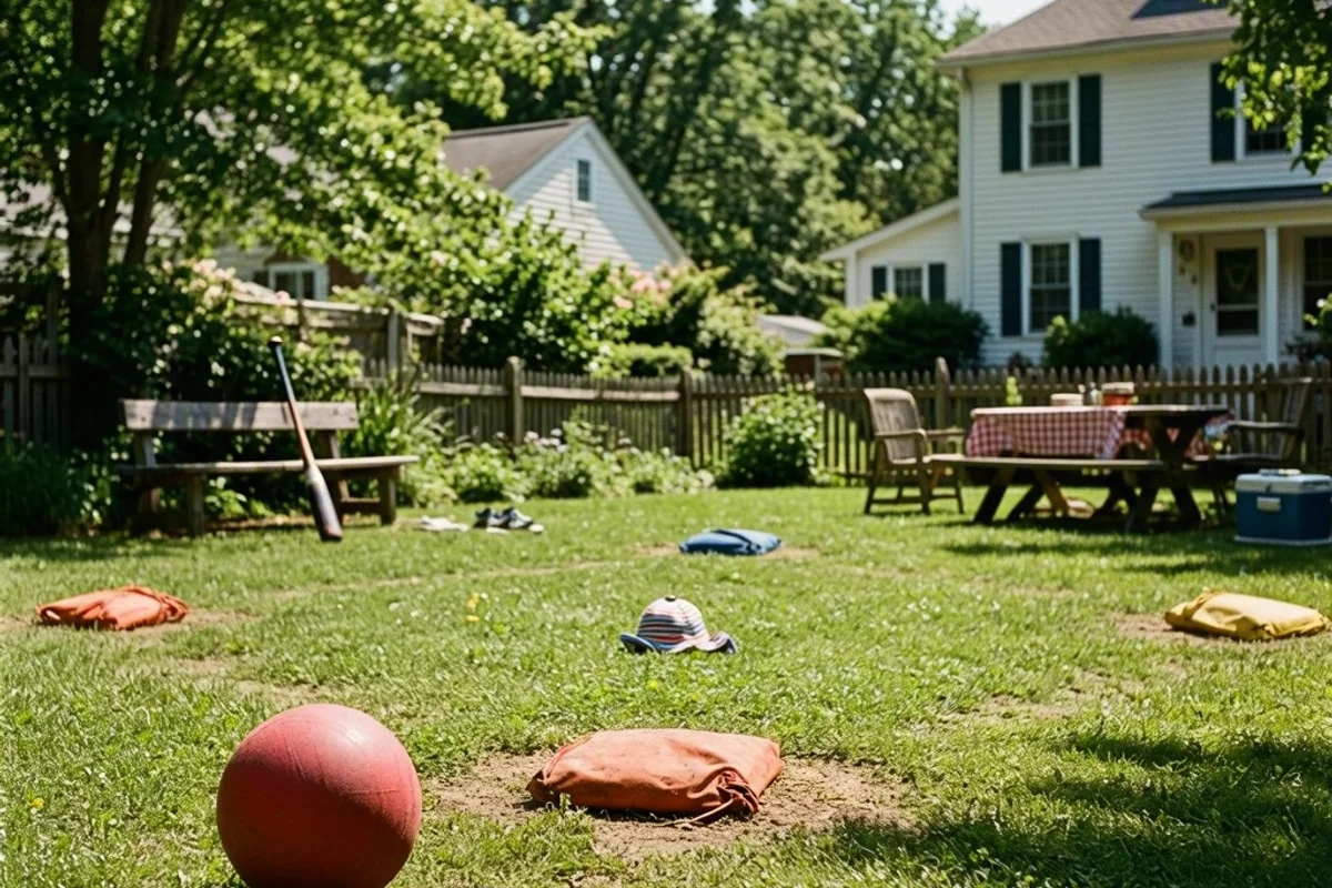 A family playing Kickball in a spacious backyard on a sunny day.