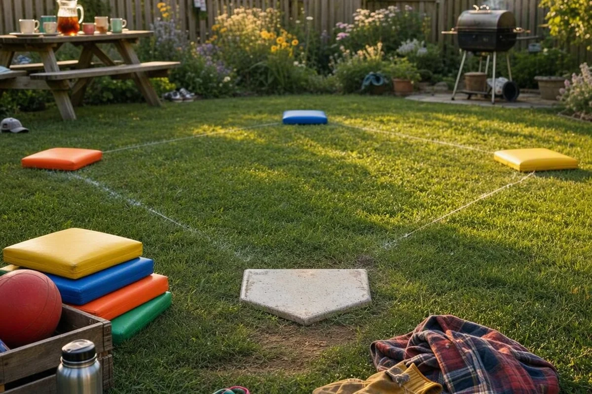 A family arranging bases for a backyard Kickball game.