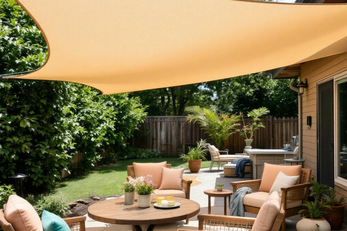 DIY sail shades providing shade over a backyard patio.