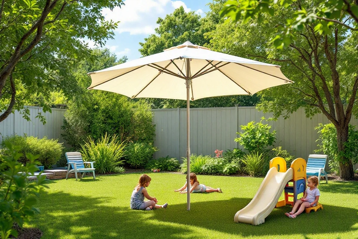 A portable umbrella shading a small play area in the backyard.