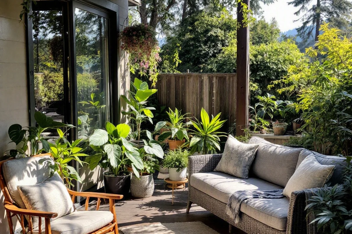 Houseplants providing natural shade on a sunny patio.