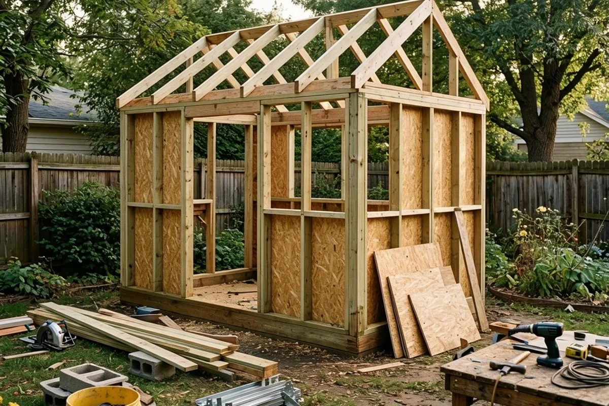 A DIY wooden shed under construction in a backyard setting.
