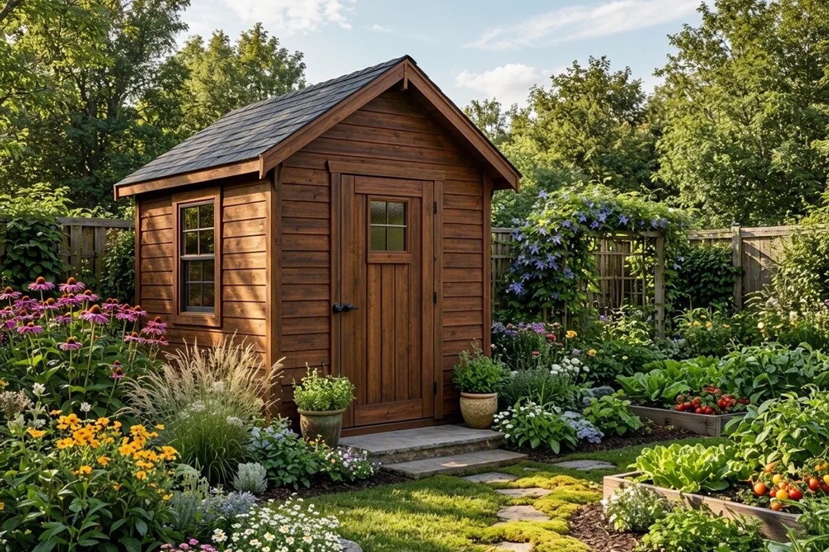 A completed prefab shed with a garden in the background.
