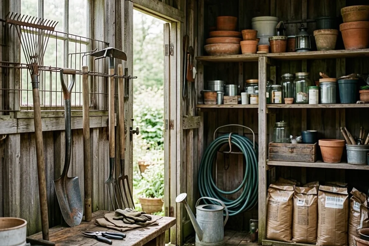 Interior of a shed with organized gardening tools and storage shelves.