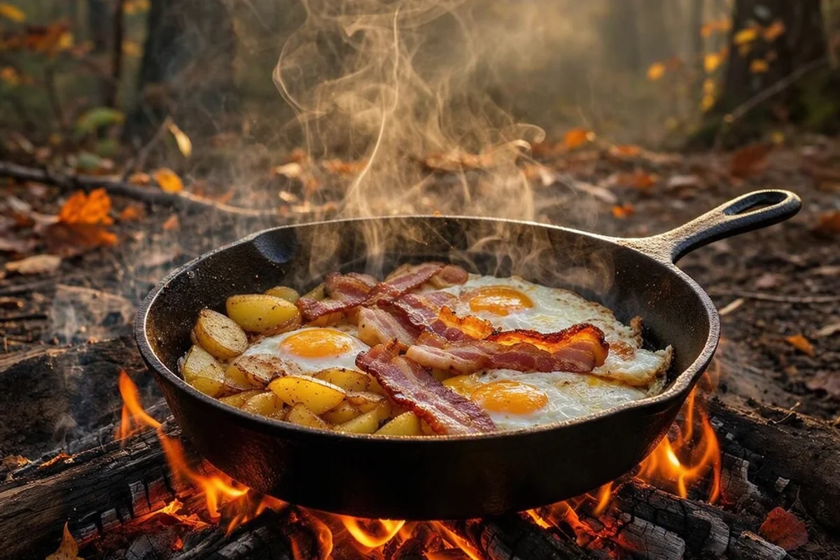 A cast iron skillet cooking breakfast over a campfire on a crisp fall morning.