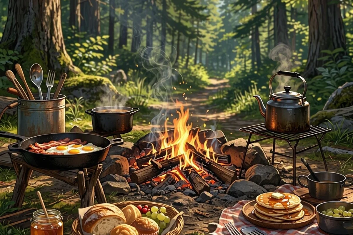 Children helping prepare breakfast around a campfire with a scenic forest backdrop.