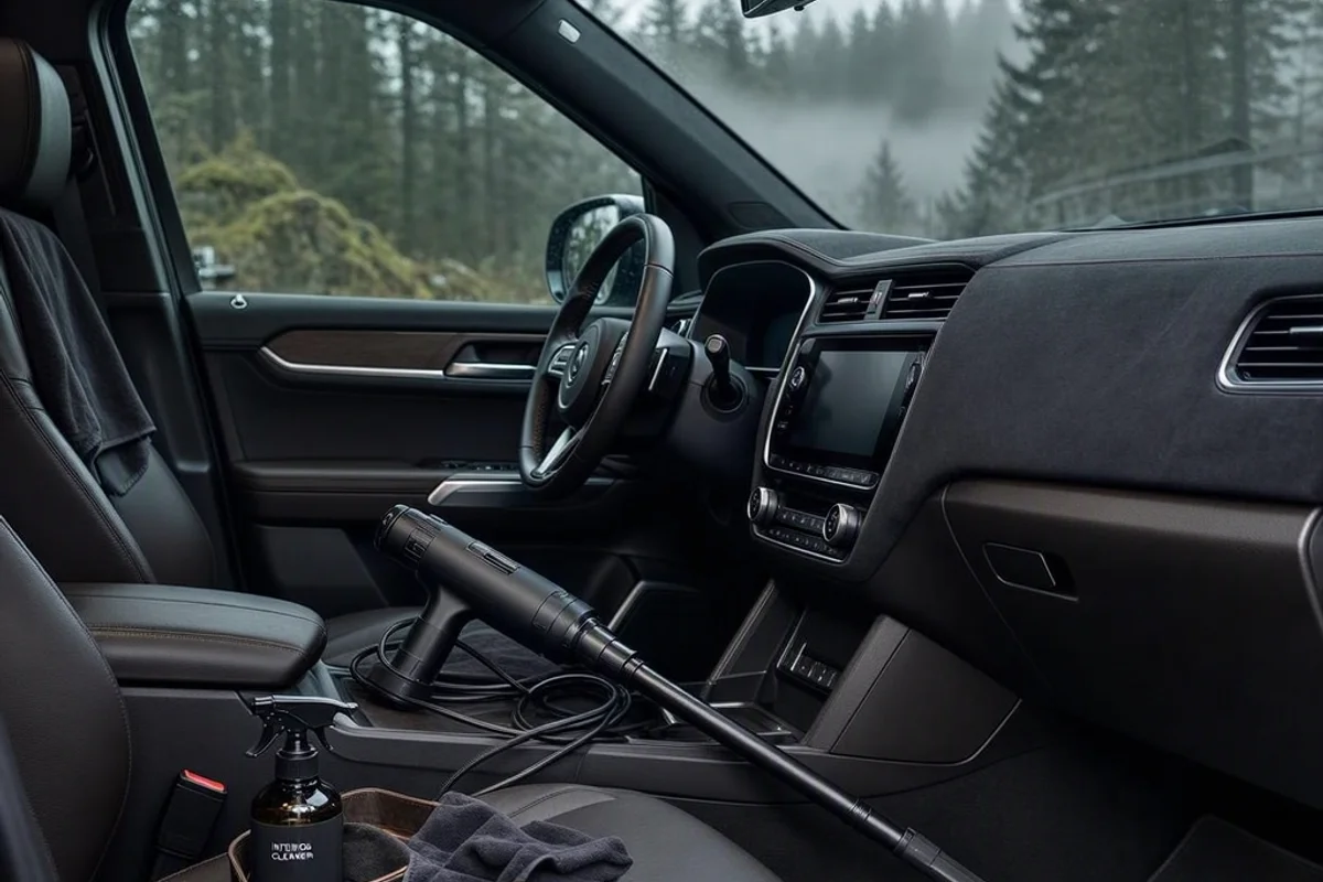 Clean car interior with vacuum and cleaning supplies.