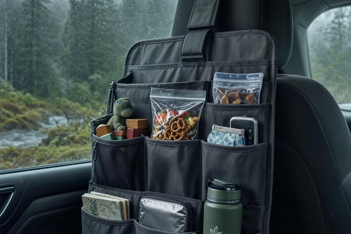 Backseat organizer with compartments for toys and snacks.