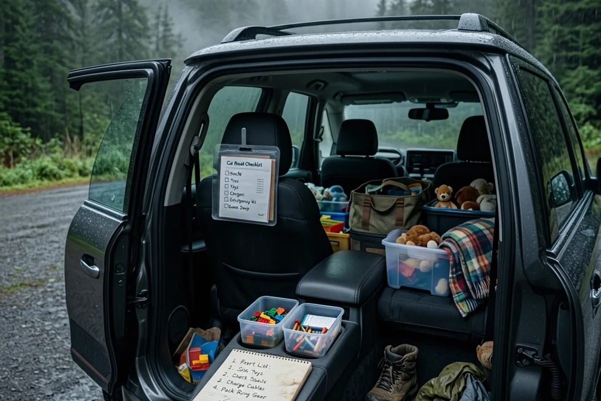 Family resetting car organization with kids helping.