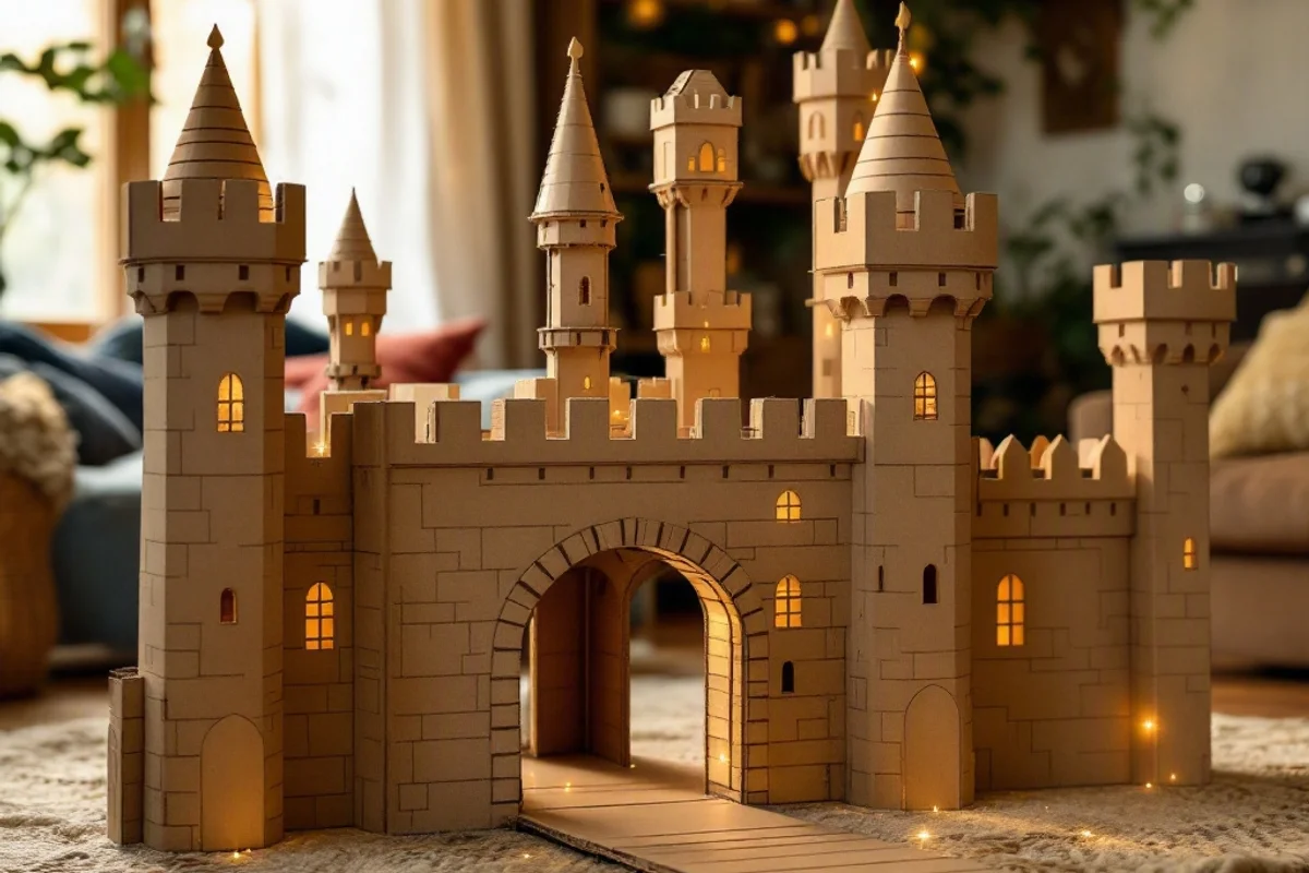 A cardboard castle with a drawbridge and towers set up in a living room.