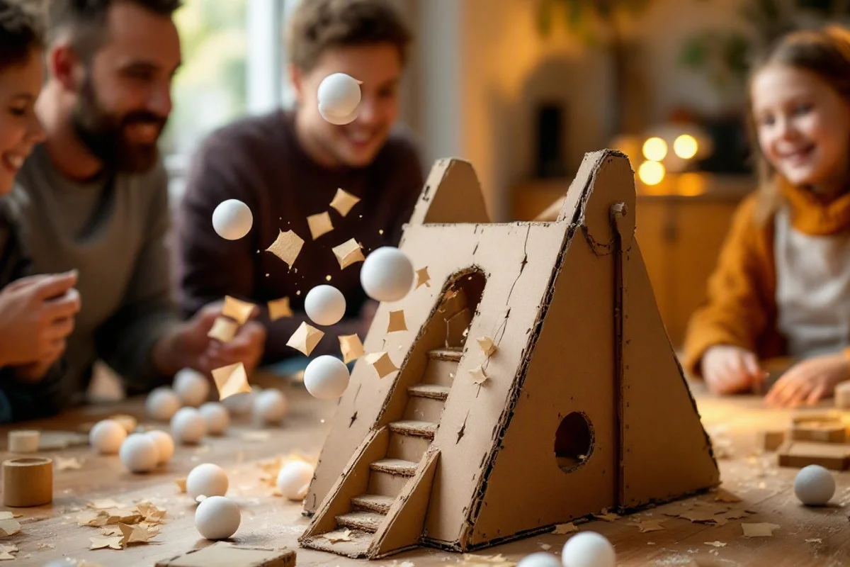 A cardboard trebuchet launching paper balls during a family game.