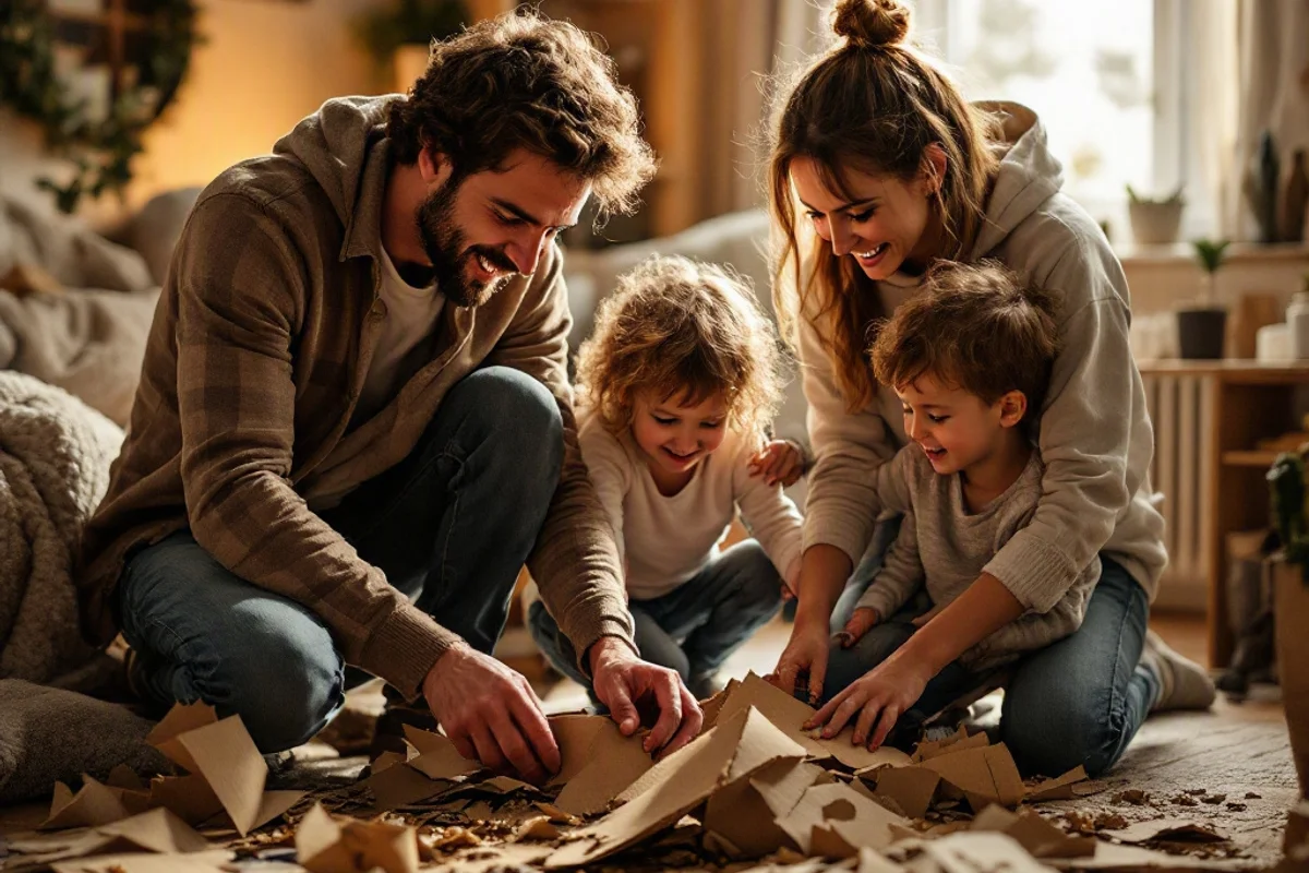 A family cleaning up cardboard scraps after a fun craft project.