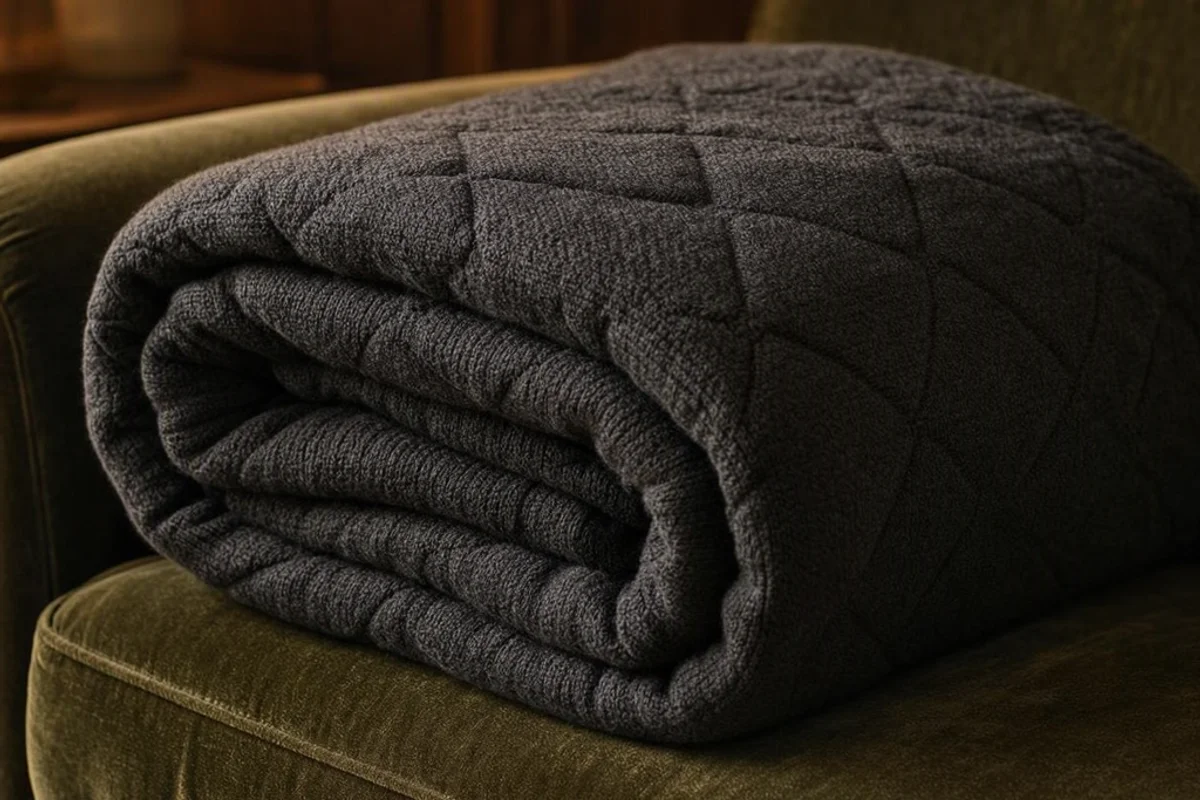 A neatly folded weighted blanket on a couch.