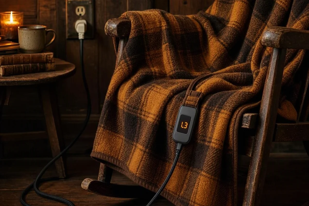 A heated blanket draped over a cozy chair near a power outlet.