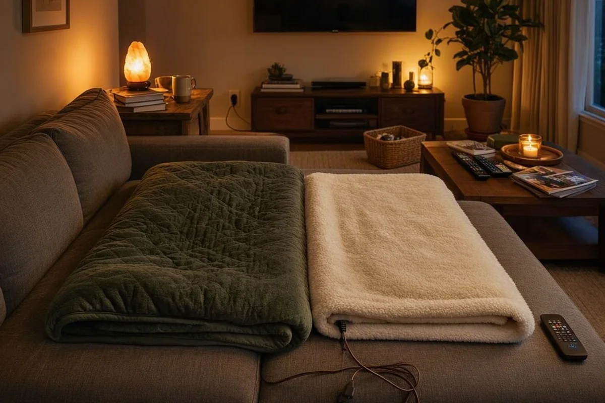 A family living room with a weighted blanket and a heated blanket side by side.