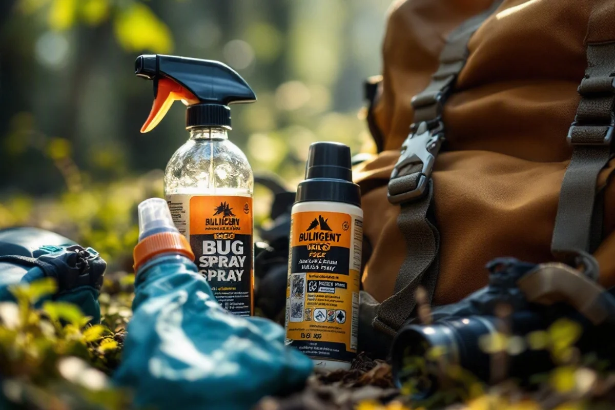A close-up of hiking gear, including bug spray and water bottles.