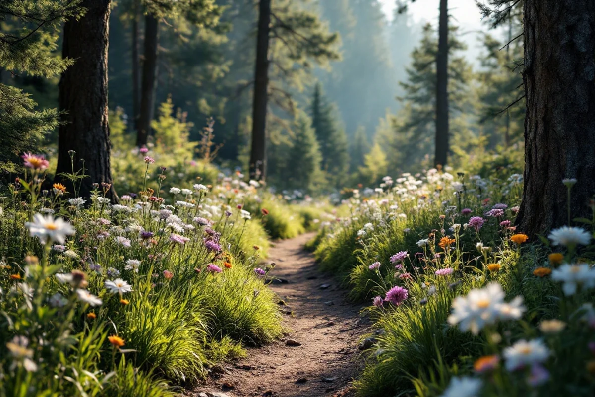 A view of the trail map and wildflowers along the hiking path.